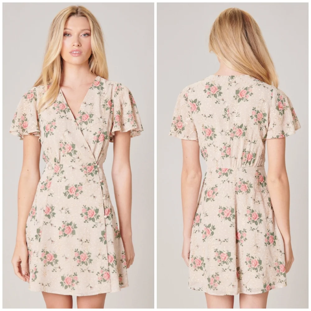 Sugarlips Cream Floral Mini Dress with Pink Roses - Picture 5 of 10